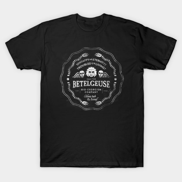 Beetlejuice Bio-Exorcism Company T-Shirt by katemelvin